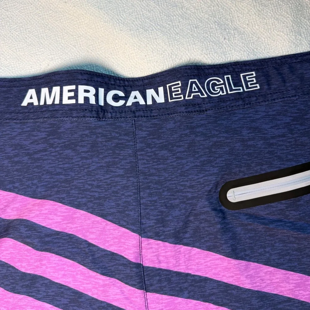 American Eagle Men XXL Board Shorts Striped Colorblock Swim Trunks Navy Teal 2XL